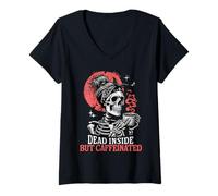 Womens Dead Inside But Caffeinated Mom Skeleton Drink Coffee Funny V-Neck T-Shirt