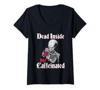 Women's Dead Inside But Caffeinated Skeleton Roses V-Neck T-Shirt