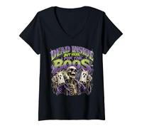 Women's Dead Inside But Here for The Boos Halloween Skeleton Ghost V-Neck T-Shirt