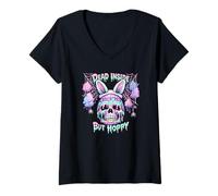 Women's Dead Inside But Hoppy Skull Bunny Pastel Goth Easter V-Neck T-Shirt