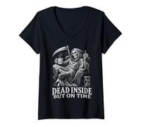 Women's Dead Inside But On Time Grim Reaper Funny Coffee V-Neck T-Shirt