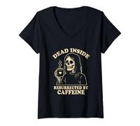 Womens Dead Inside But Resurrected by Caffeine - Goth Coffee V-Neck T-Shirt