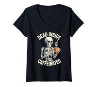 Women's Dead Inside Still Caffeinated Skeleton Coffee V-Neck T-Shirt