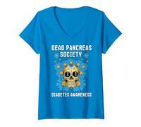 Women's Dead Pancreas Society Diabetes Awareness Sugar Skull V-Neck T-Shirt, Sapphire Blue, Medium