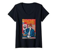 Womens Dead Roast Coffee Comic Book Cover Style Skeleton Barista V-Neck T-Shirt