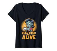 Womens Dead Tired But Alive Bleary-Eyed Zombie Sipping Coffee V-Neck T-Shirt