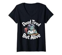 Womens Dead Tired But Alive Bleary-Eyed Zombie Sipping Coffee V-Neck T-Shirt