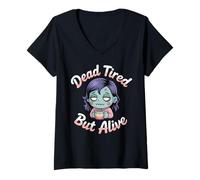 Womens Dead Tired But Alive Bleary-Eyed Zombie Sipping Coffee V-Neck T-Shirt