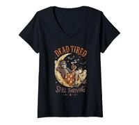 Women's Dead Tired Still Thriving Spooky Skeleton Moon V-Neck T-Shirt