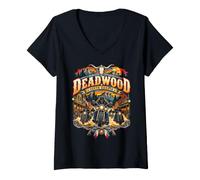 Women's Deadwood South Dakota USA Retro Style Motorcycle Design V-Neck T-Shirt