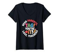 Women's Dear Parents Tag You're It Retro Educator Summer Break Fun V-Neck T-Shirt
