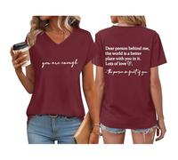 Womens Dear Person Behind Me Tops Mental Health Awareness Spring Summer V-Neck Shirts Cotton Pullover Loose Tshirts Printing Breathable Short Sleeve Shirt Top Light Classic Work Tracksuit Tops Wine