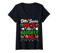 Womens Dear Santa He's The Naughty One Pjs Couples Christmas Couple V-Neck T-Shirt