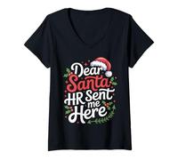 Womens Dear Santa HR Sent Me Here Funny Office Holiday Casual V-Neck T-Shirt