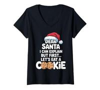 Womens Dear Santa I Can Explain Let's Eat a Cookie Funny Christmas V-Neck T-Shirt