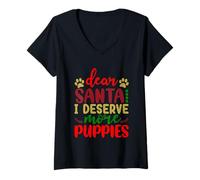 Women's Dear Santa I Deserve More Puppies Christmas Dog V-Neck T-Shirt