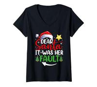 Womens Dear Santa It was Her Fault Funny Couples Christmas V-Neck T-Shirt