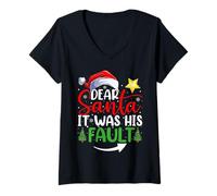 Womens Dear Santa It was His Fault Funny Couples Christmas V-Neck T-Shirt