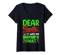 Womens Dear Santa It was My Sister's Fault Funny Christmas Family V-Neck T-Shirt