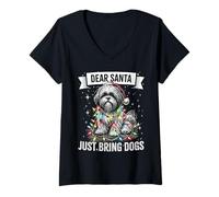 Womens Dear Santa Just Bring Dogs Shih Tzu Christmas Lights Pajama V-Neck T-Shirt