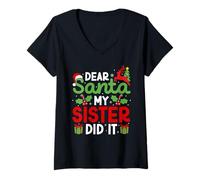 Womens Dear Santa My Sister Did It Funny Christmas Kids Boys Girls V-Neck T-Shirt