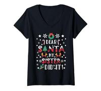 Womens Dear Santa My Sister Did It Girls Kids Boys Funny Christmas V-Neck T-Shirt