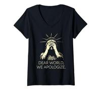 Womens Dear World, We Apologize Gray Text Anti-Trump V-Neck T-Shirt