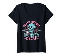 Women's Death Before Decaf Skeleton Coffee Lover Caffeine Drinker V-Neck T-Shirt