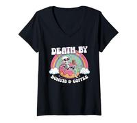 Womens Death by Donuts and Coffee Skeleton Rainbow Halloween Art V-Neck T-Shirt