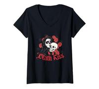 Womens Death Kiss in love skeleton, skull, day of the dead V-Neck T-Shirt