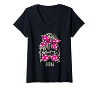 Womens Debra Messy Hair Bun Polka Dot Ribbon Sunglasses Designs V-Neck T-Shirt
