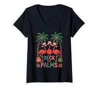 Womens Deck The Palms Flamingo Christmas Lights Funny Holiday V-Neck T-Shirt