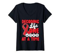 Womens Decoding Life One Word at a Time Dyslexia Awareness V-Neck T-Shirt