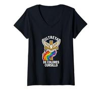 Women's DeColores Cursillo Rainbow Rooster Catholic V-Neck T-Shirt