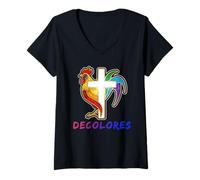 Womens DeColores Cursillo Rainbow Rooster Catholic V-Neck T-Shirt