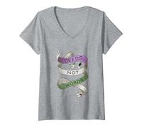 Women's Deeds Not Words, Suffragette Women's Rights Slogan V-Neck T-Shirt, Heather Grey, Large