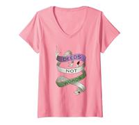 Women's Deeds Not Words, Suffragette Women's Rights Slogan V-Neck T-Shirt, Pink, Large