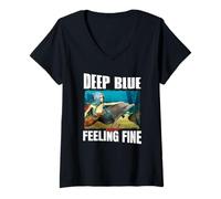 Womens Deep Blue and Feeling Fine Mermaid and Dolphin V-Neck T-Shirt