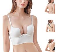Women's Deep Plunge Convertible V Bra Low Back Push Up U Shaped Backless Bra with Convertible Clear Straps (as8, Cup_Band, Numeric_38, d, White)