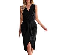 Womens Deep V Neck Midi Dress Summer High Waist Solid Wrap Hip Split Sexy Party Dress Elegant Lady Slim Office Evening Dresses-Black,M