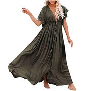 Women's Deep V Neck Ruffle Sleeve Button Down Maxi Dresses Elastic Tie Waist Plain Beach Swimwear Coverup Summer Linen Cotton Boho Trendy Dress for Women Loose Fit Bohemian Beach Dress