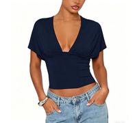 Women's Deep V Neck Short Sleeve T-Shirt Cinched Waist Tie Back Shirt Summer Slim Fit Going Out Blouse
