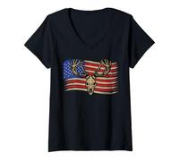 Womens Deer Bow Hunting US Flag 4th of July Whitetail Buck American V-Neck T-Shirt