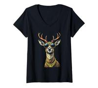 Womens Deer Face Sunglasses, Cool Funny Rebel Boss Hip Farm Animal V-Neck T-Shirt