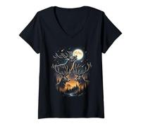 Women's Deer Howling Under Full Moon Cosmic Sky V-Neck T-Shirt