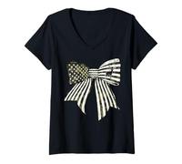 Womens Deer Hunting Hunter Buck USA Flag 4th of July Camouflage V-Neck T-Shirt