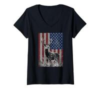 Women's Deer Hunting Nature Hunter American Flag Graphic V-Neck T-Shirt