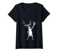 Womens Deer in Sunglasses Rock On Antlers V-Neck T-Shirt