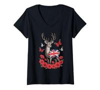 Womens Deer Union Jack UK Flag British V-Neck T-Shirt