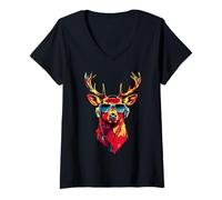 Womens Deer with Sunglasses Antlers Hunting Stag Reindeer Red Deer V-Neck T-Shirt